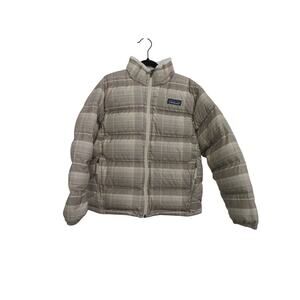 Patagonia Kids Sz 8 Beige Plaid Down Puffer Jacket Quilted Full Zip Coat